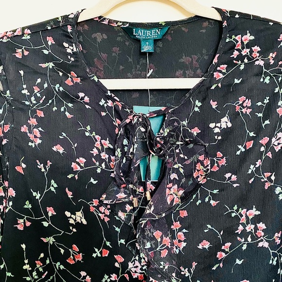 NWT Ralph Lauren SP19 Black Ruffle Floral Blouse MSRP $115 - Picture 3 of 7